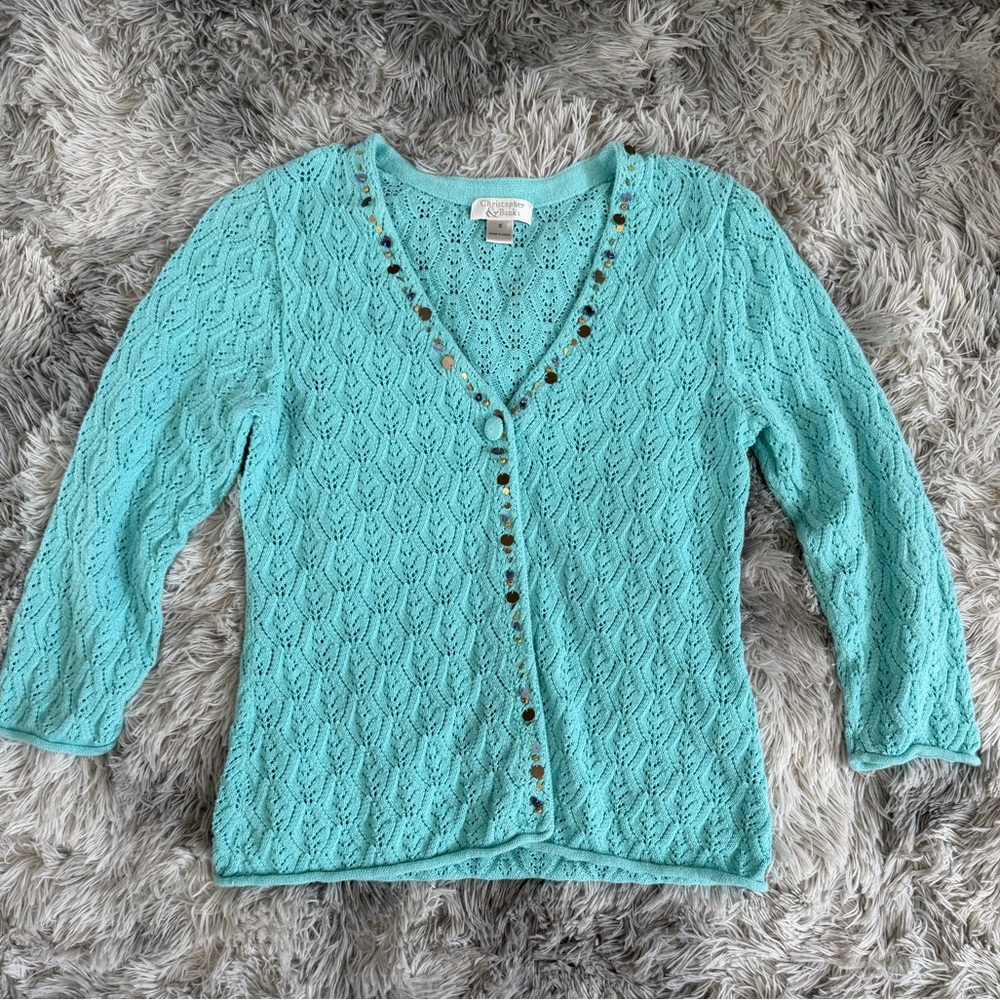 Blue lace cardigan with beaded buttons with elbow sleeves